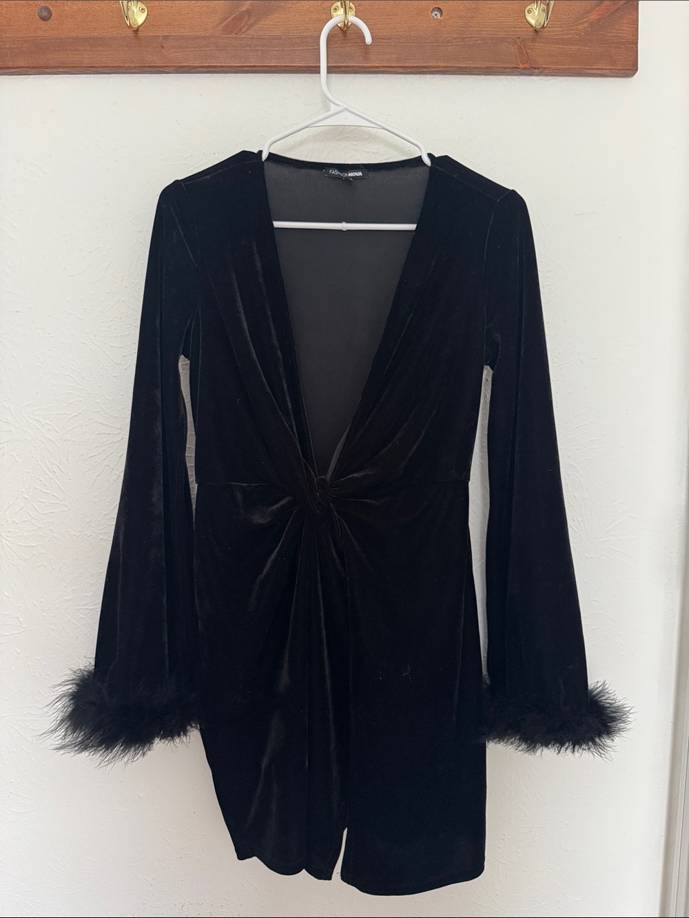Black Velvet Long Sleeve Mini Dress with Feather Cuffs